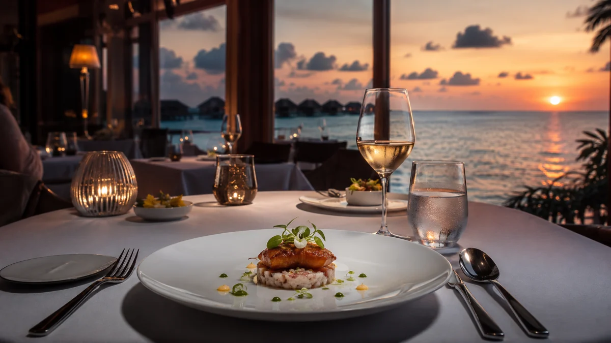 Mesa de cena en Le 1947, el restaurante de alta cocina de Cheval Blanc Randheli, con vista al lagún de Noonu Atoll al anochecer