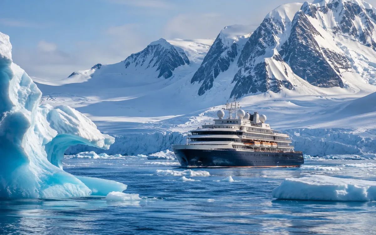 Barco de expedición navegando entre icebergs frente a montañas nevadas en la Antártida