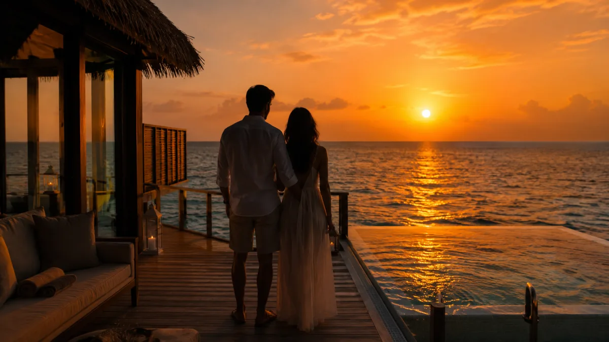 Pareja contemplando el atardecer desde su villa overwater, Maldivas