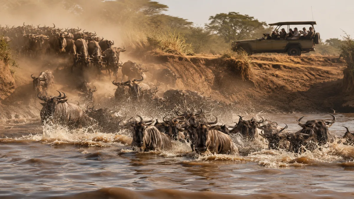 Manada de ñus cruzando el río Mara con un 4x4 de safari observando, Gran Migración