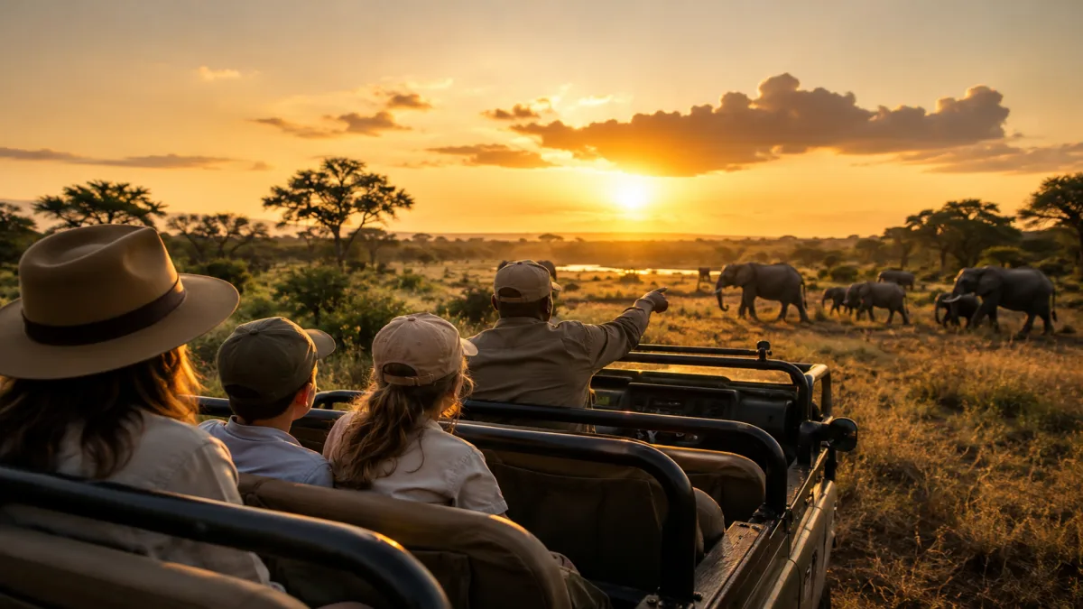 Familia observando elefantes desde un 4x4 de safari al atardecer