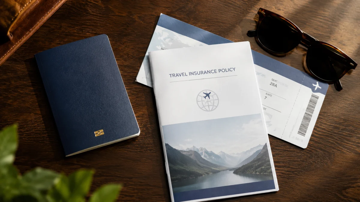 Pasaporte, certificado de seguro de viaje y membresía de AMREF Flying Doctors sobre una mesa, preparados antes de un safari en África