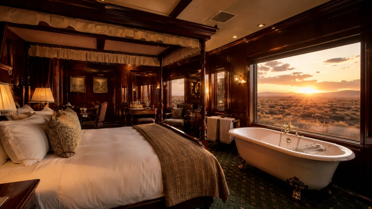 Suite Royal del Rovos Rail con bañera victoriana y vistas al Karoo