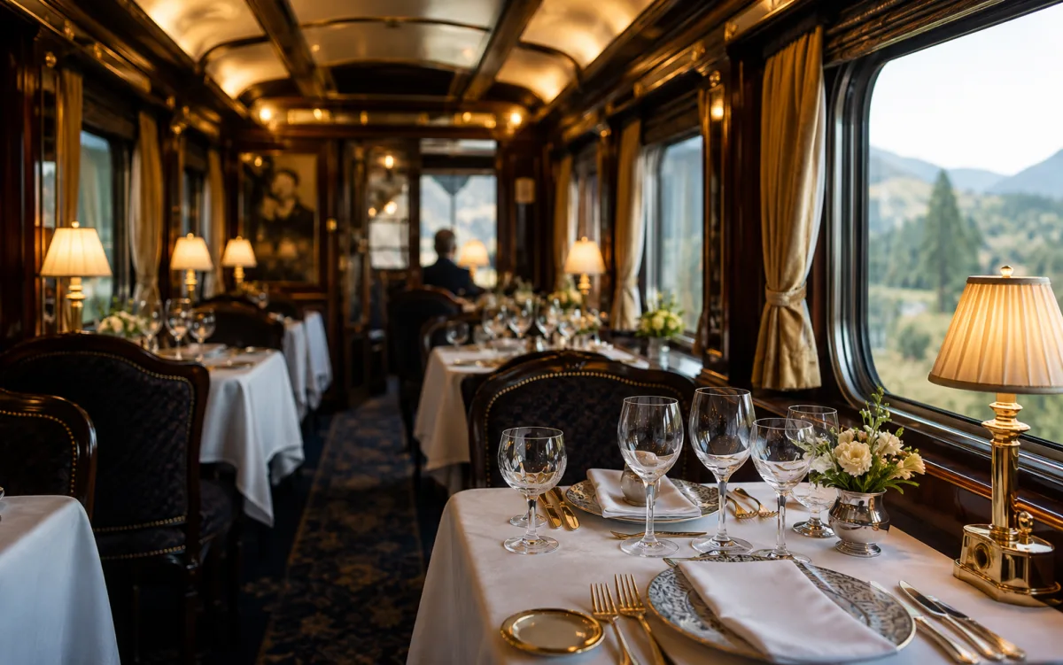Vagón restaurante de un tren de lujo con mesas vestidas y cristalería